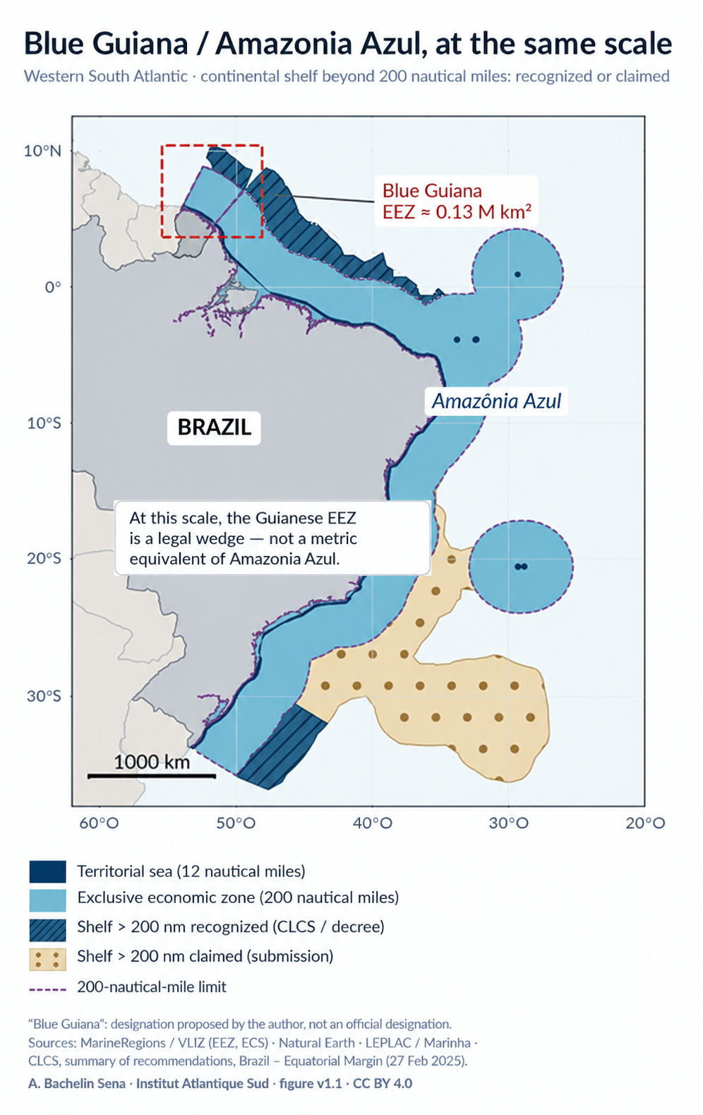 Comparative map of Blue Guyana / Amazonia Azul at the same scale — South Atlantic