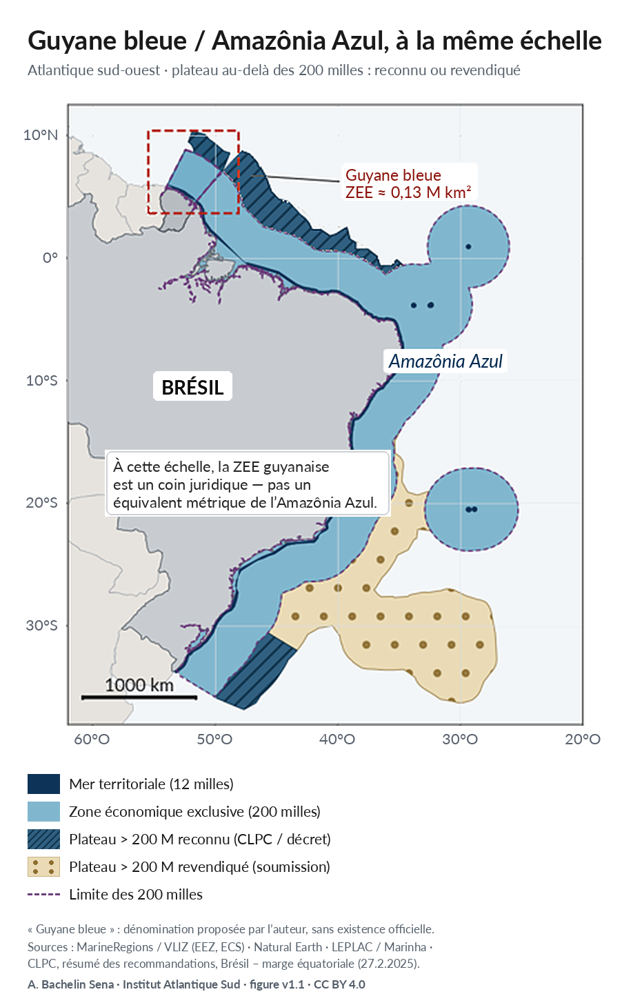 Carte comparative Guyane Bleue / Amazonie Bleue, à la même échelle — Atlantique Sud